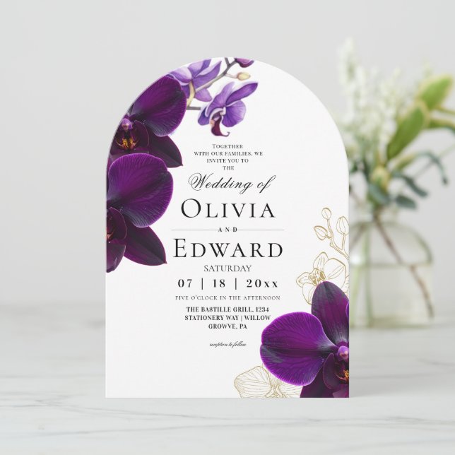 Invitación Boda de Orquídea Lila Púrpura  (Anverso de pie)