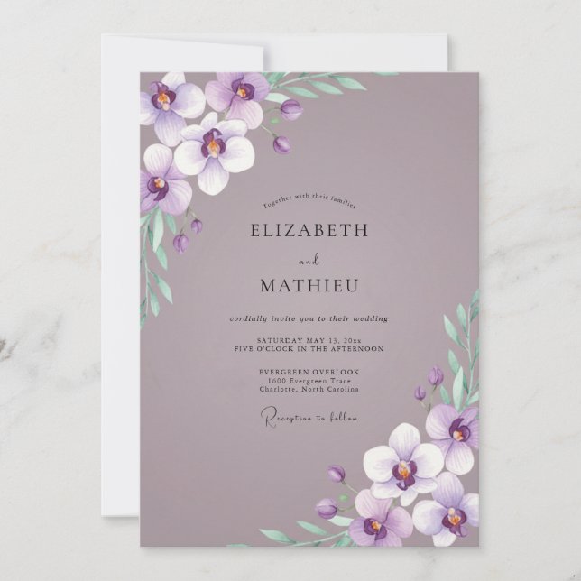 Invitación Boda de orquídea lila silenciada (Anverso)