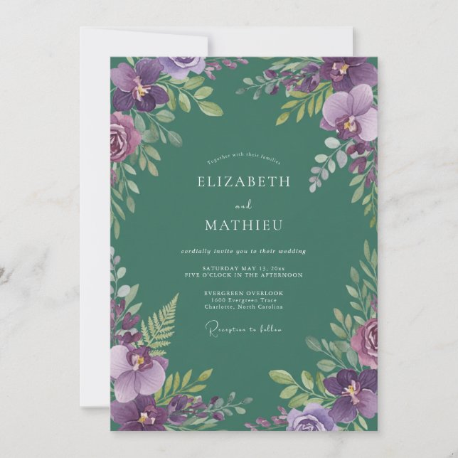 Invitación Boda de Orquídea Picea Amatista (Anverso)