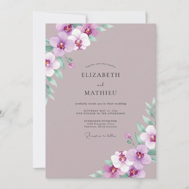 Invitación Boda de orquídea pintada de malva polvorienta (Anverso)
