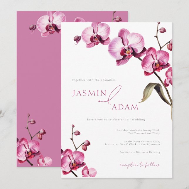 Invitación Boda de Orquídea Rosa Elegante (Anverso / Reverso)