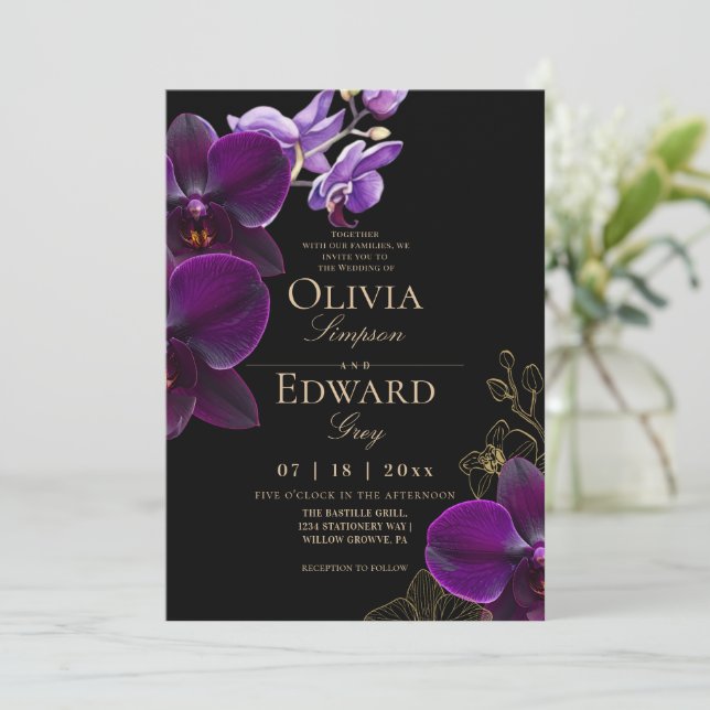 Invitación Boda de orquídea tropical florecida negra temperam (Anverso de pie)