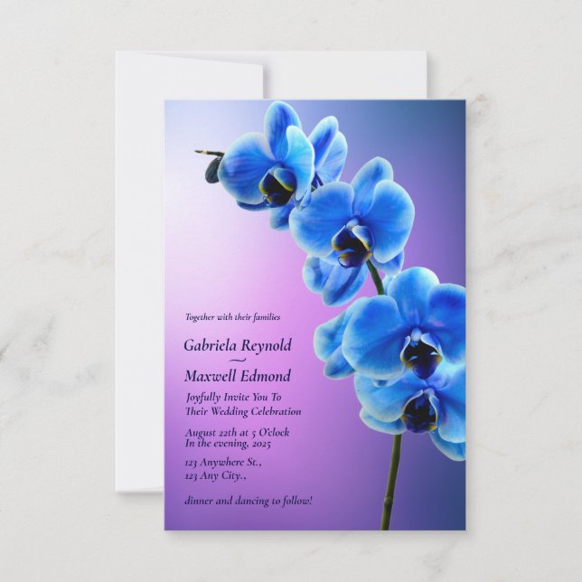 Invitación Boda de orquídeas azules de cielo floral moderno (Anverso)
