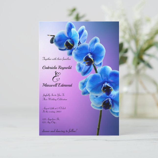 Invitación Boda de orquídeas azules de cielo floral moderno (Anverso de pie)