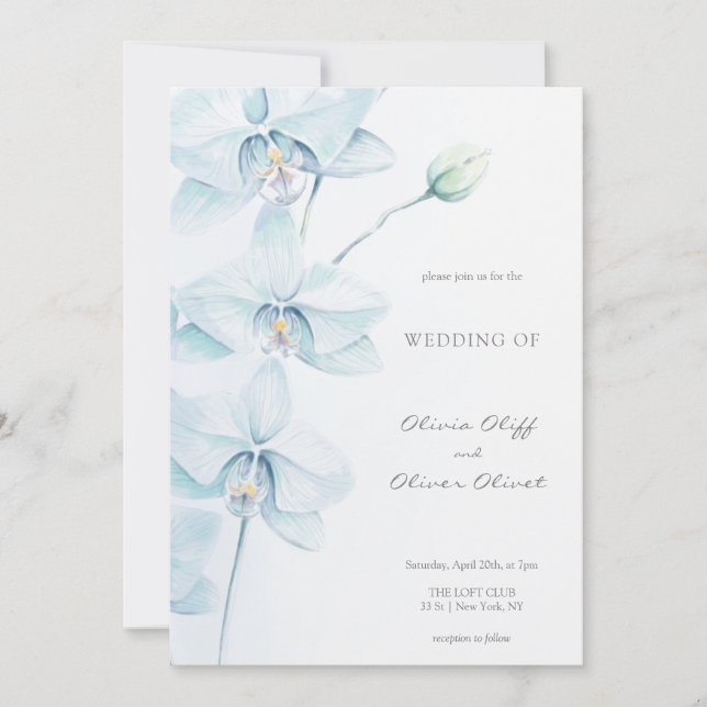 Invitación Boda de orquídeas azules suaves (Anverso)