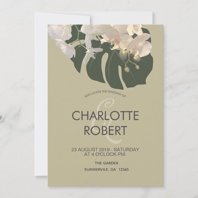 Invitación Boda de orquídeas blancas de hoja tropical (Anverso)