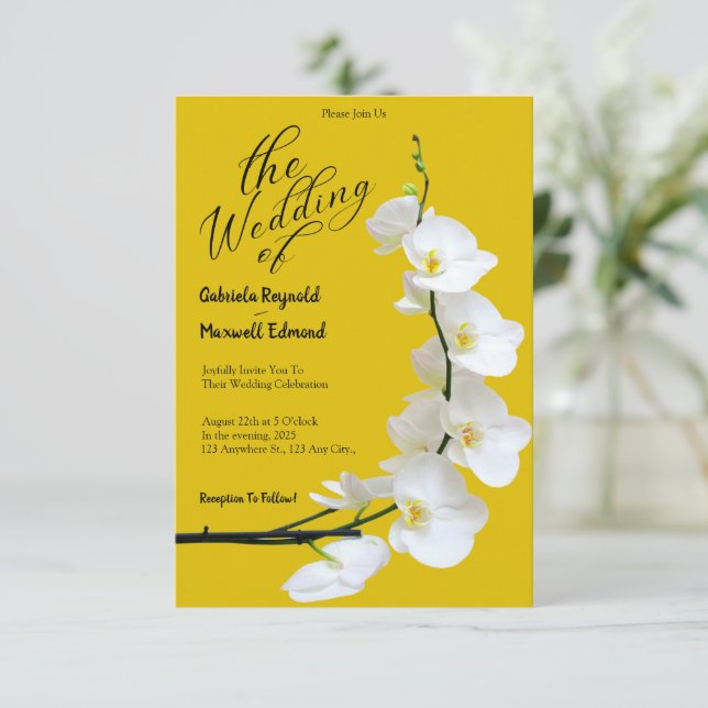 Invitación Boda de orquídeas blancas y amarillas florales mod (Anverso de pie)