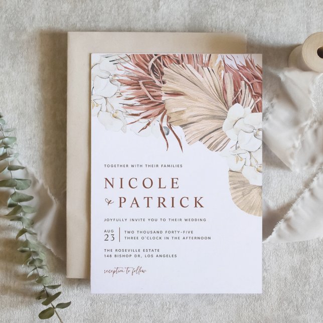 Invitación Boda de Orquídeas Boho y Hojas de Palma Secas (Boho Orchids and Dried Palm Leaves Wedding Invitation)