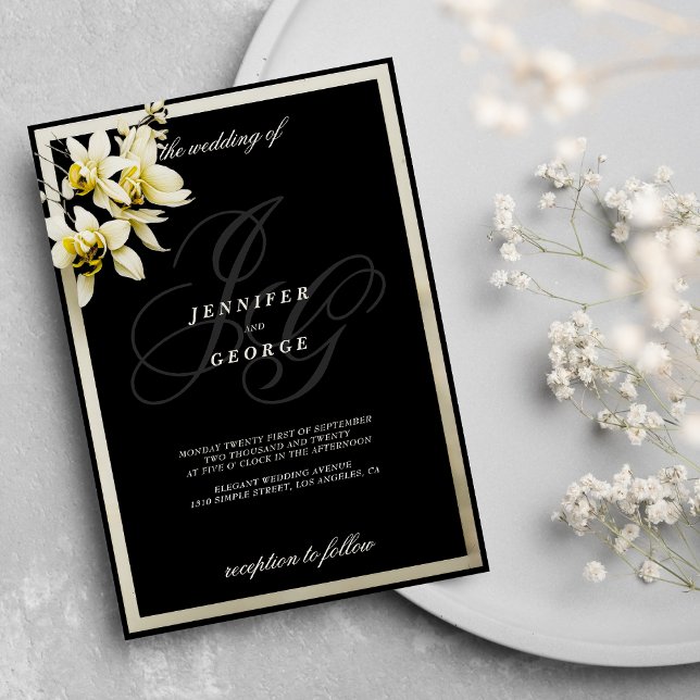 Invitación Boda de orquídeas con iniciales en monograma de ma (Black ivory monogram initials orchid wedding )