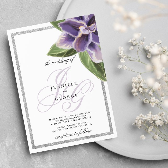 Invitación Boda de orquídeas de lavanda púrpura purpurina de  (Silver glitter purple lavender orchid wedding)