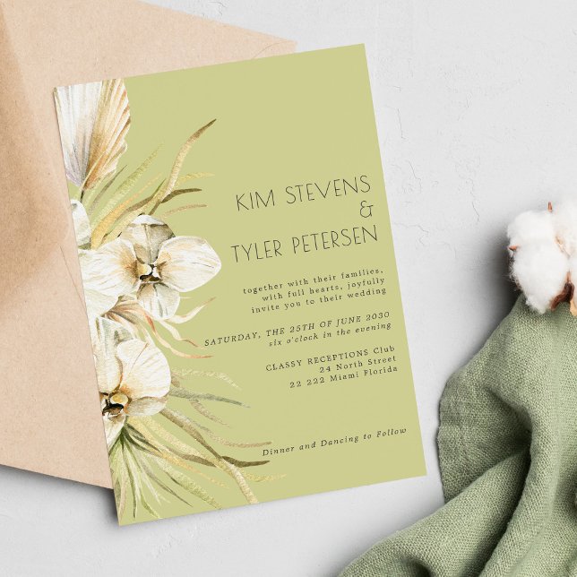 Invitación Boda de orquídeas de pasto verde boho moderno (Subido por el creador)