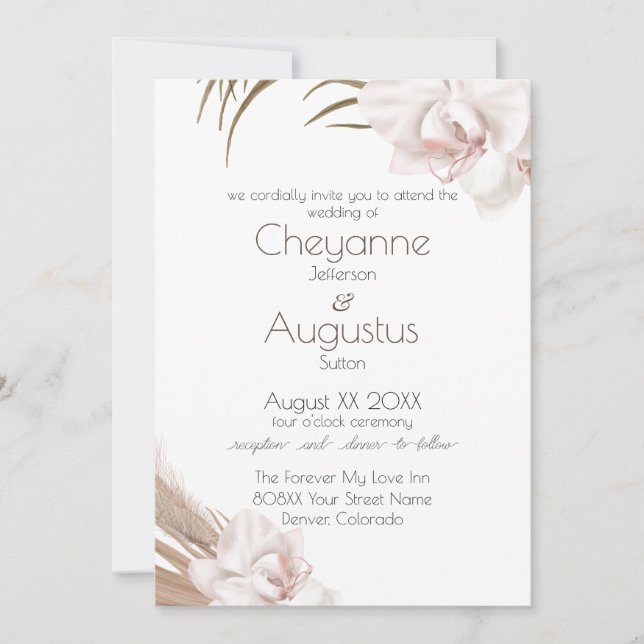 Invitación Boda de Orquídeas Románticas y Pasto de Pampas (Anverso)