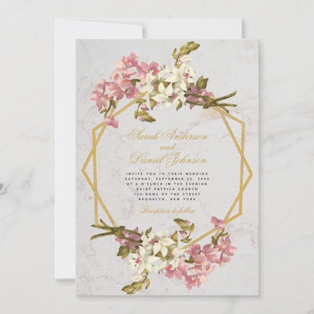 Invitación Boda de orquídeas rosadas de oro de mármol geométr (Anverso)