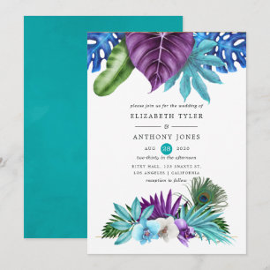 Invitación Boda de orquídeas tropicales con acuarela y pavo r