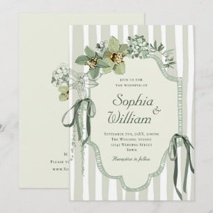 Invitación Boda de orquídeas verde salvia pintadas a mano