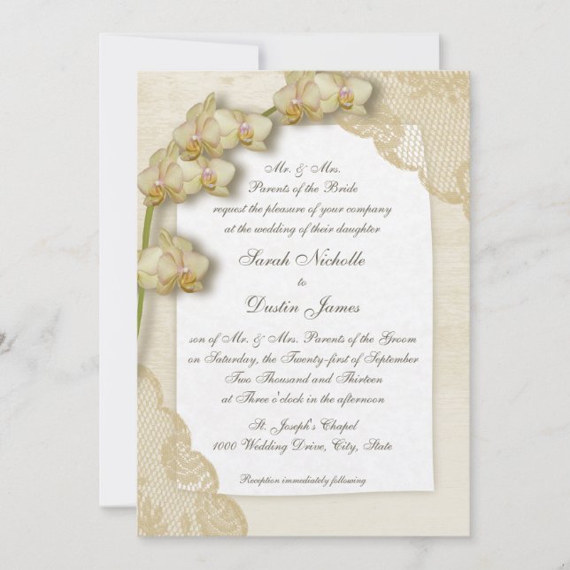 Invitación Boda de orquídeas y encajes de época (Anverso)