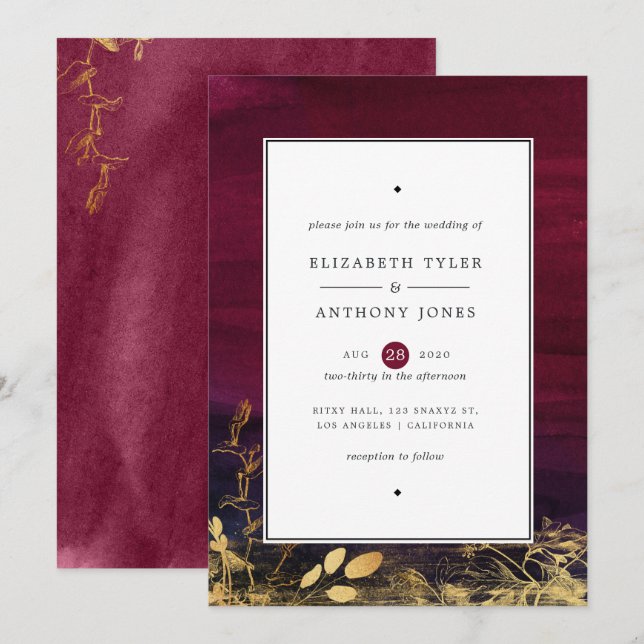 Invitación Boda de orrugas y acuarela de oro (Anverso / Reverso)