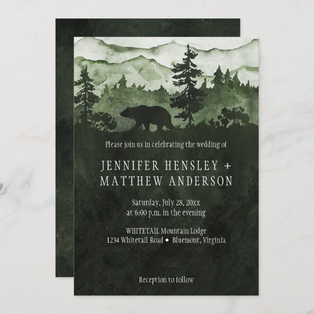 Invitación Boda De Oso De Las Vivas Montañas Verdes (Anverso / Reverso)