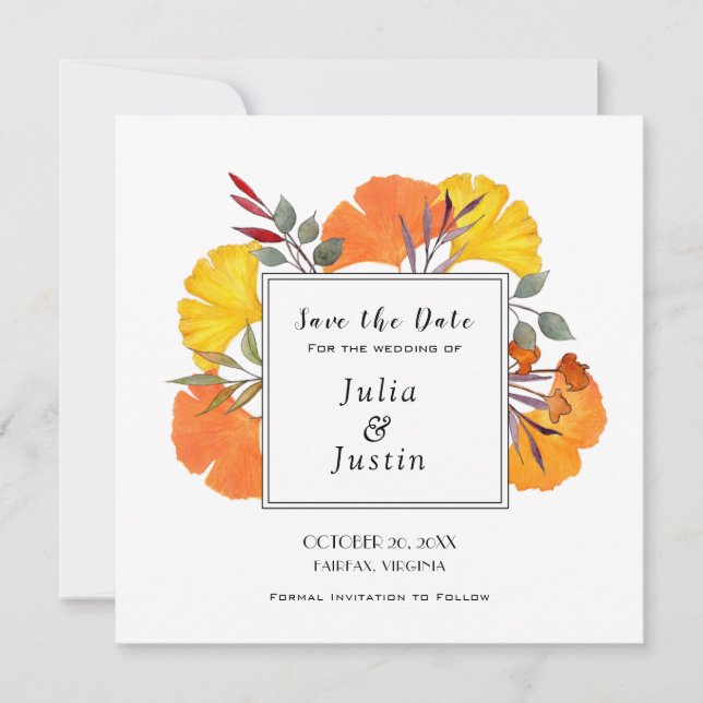 Invitación Boda de otoño acuarela Guardar el cuadrado de fech (Anverso)