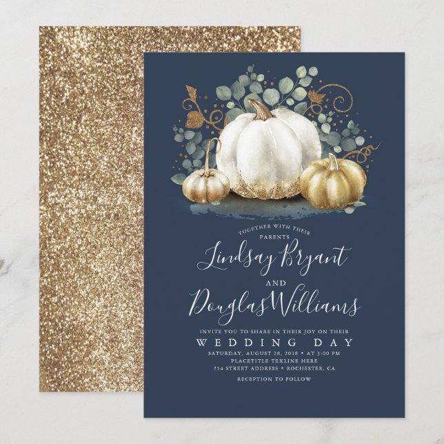 Invitación Boda de otoño azul de la Marina Rustica de calabaz (Anverso / Reverso)