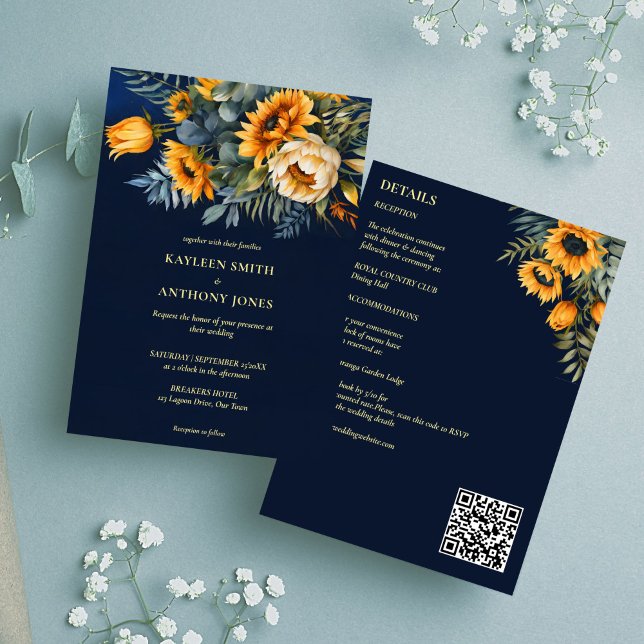 Invitación Boda de otoño azul marino girasol rústico todo en  (Fall summer wedding navy blue rustic sunflowers all in one invitation template digital download)