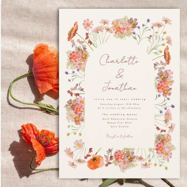 Invitación Boda de Otoño Bohemia con Flores Silvestres (Boho whimsical wildflower wedding invitation with watercolor florals in earth tones)
