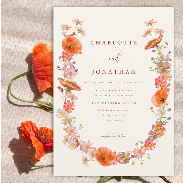 Invitación Boda de Otoño Bohemia con Flores Silvestres (Modern wildflower wedding invitation with watercolor florals boho wreath)