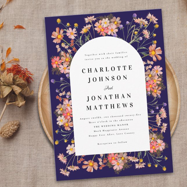 Invitación Boda de Otoño Bohemia con Flores Silvestres (Boho rustic wildflower navy blue fall wedding invitation Elegant modern watercolor florals)