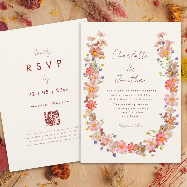 Invitación Boda de Otoño Bohemia con Flores Silvestres (Boho wildflower wreath fall wedding invitation with burnt orange whimsical script)