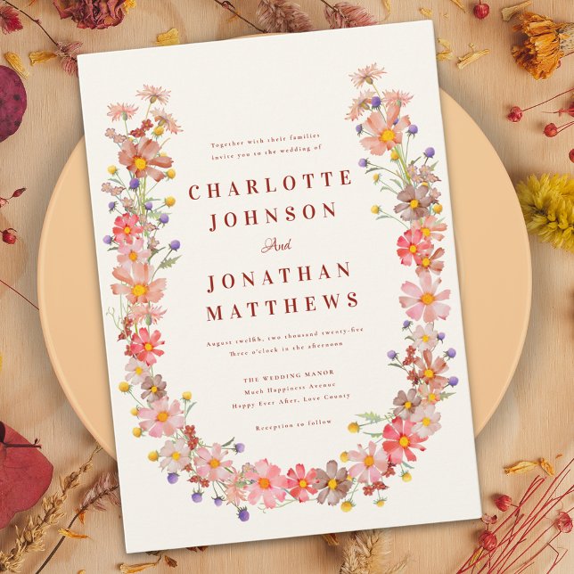 Invitación Boda de Otoño Bohemia con Flores Silvestres (Wildflower boho wall wedding invitation with burnt orange peach coral purple pink terracotta florals)