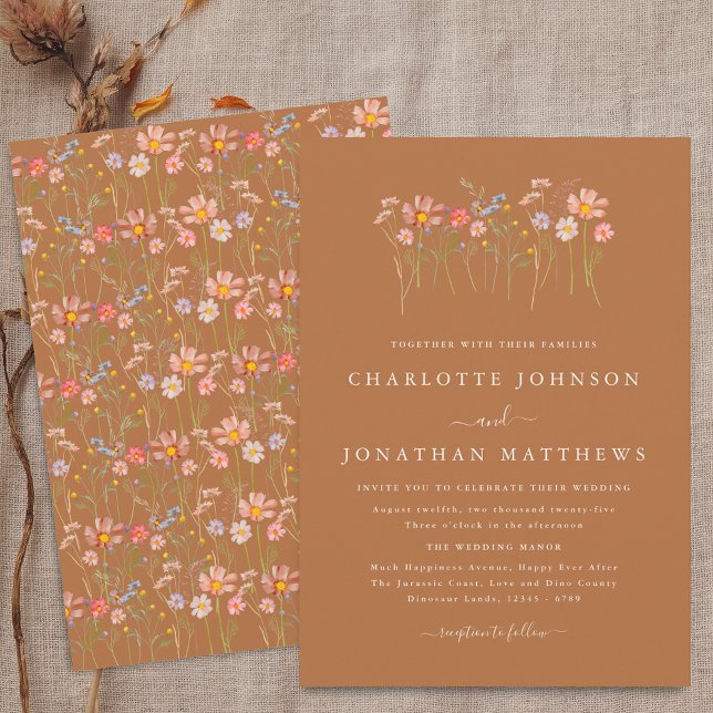 Invitación Boda de otoño bohemio con prado de flores silvestr (Boho fall Wildflower floral brown sugar terracotta orange Wedding invitation Elegant modern script)