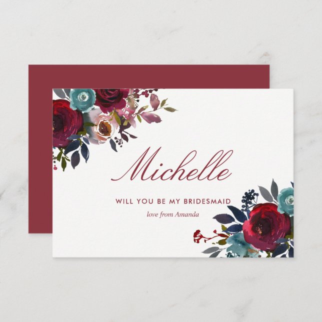 Invitación Boda de Otoño Boho Chic Burgundy y Navy (Anverso / Reverso)