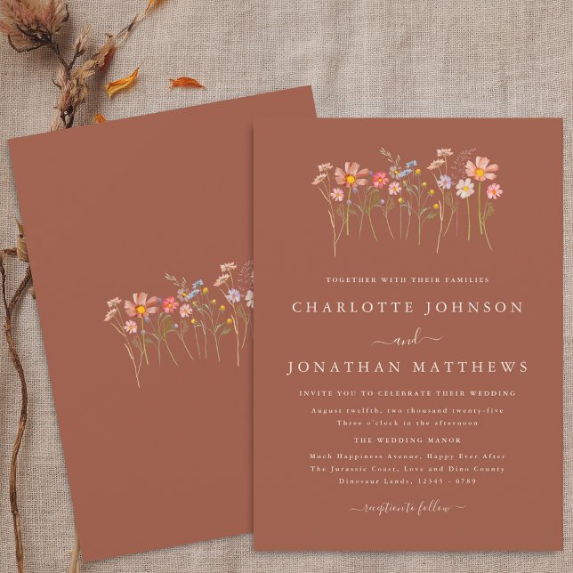 Invitación Boda de Otoño Boho con Flores Silvestres Terracota (Boho fall Wildflower floral beige terracotta Wedding invitation Watercolor flowers autumn colors)