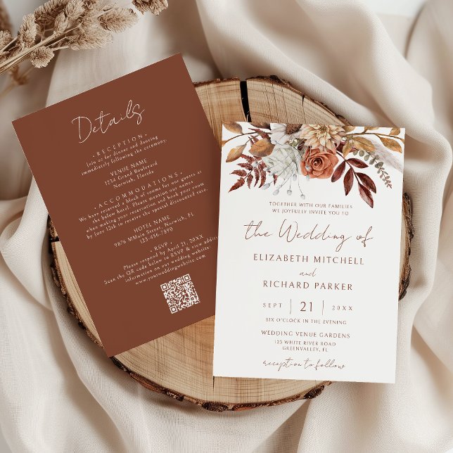 Invitación Boda de otoño boho floral de terracota todo en uno (Subido por el creador)