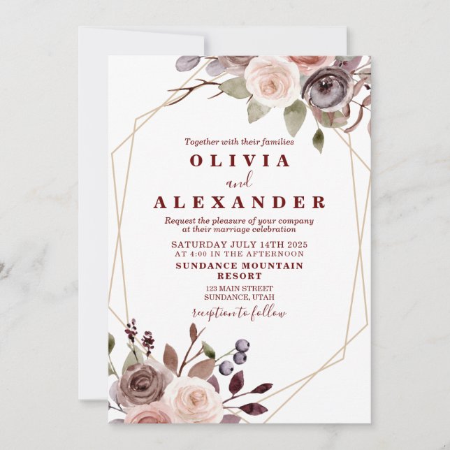 Invitación Boda de otoño borgoña floral marco geométrico (Anverso)