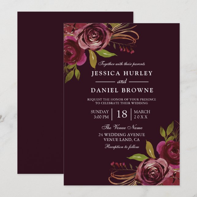 Invitación Boda de otoño borgoñés de la primavera boreal de l (Anverso / Reverso)