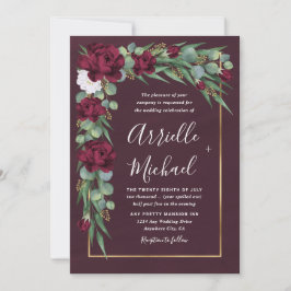 Invitación Boda de otoño borgoñona y acuarela floral de oro