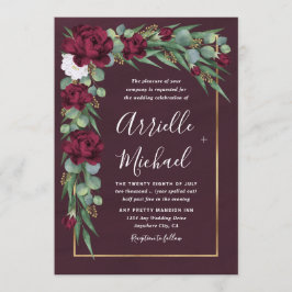Invitación Boda de otoño borgoñona y acuarela floral de oro