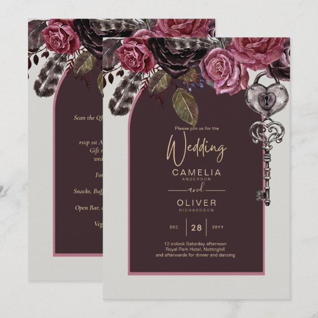 Invitación Boda de otoño BOTHIC ROSA Burgundy (Anverso / Reverso)