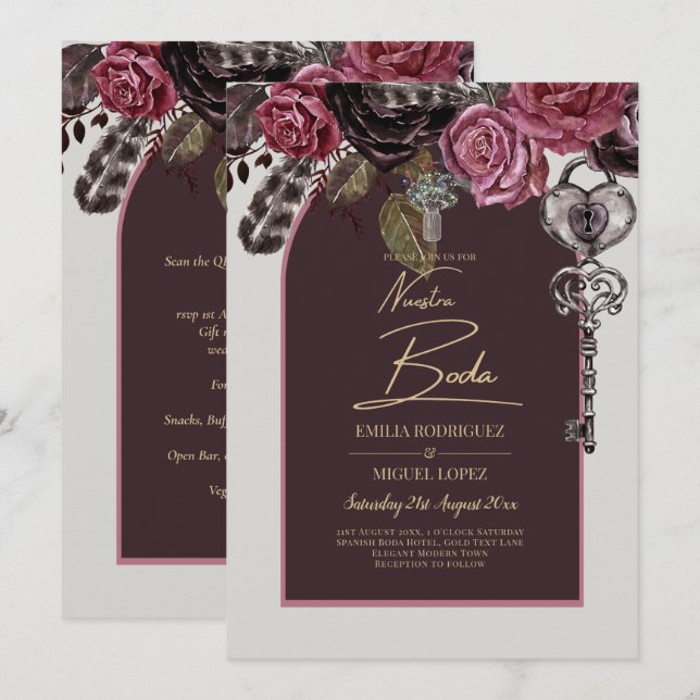 Invitación Boda de otoño BOTHIC ROSA Burgundy (Anverso / Reverso)