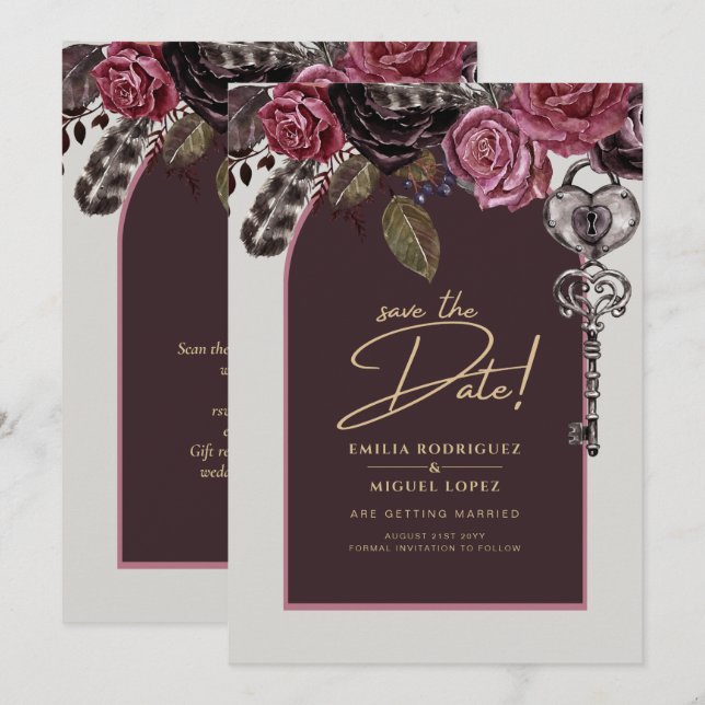 Invitación Boda de otoño BOTHIC ROSA Burgundy (Anverso / Reverso)