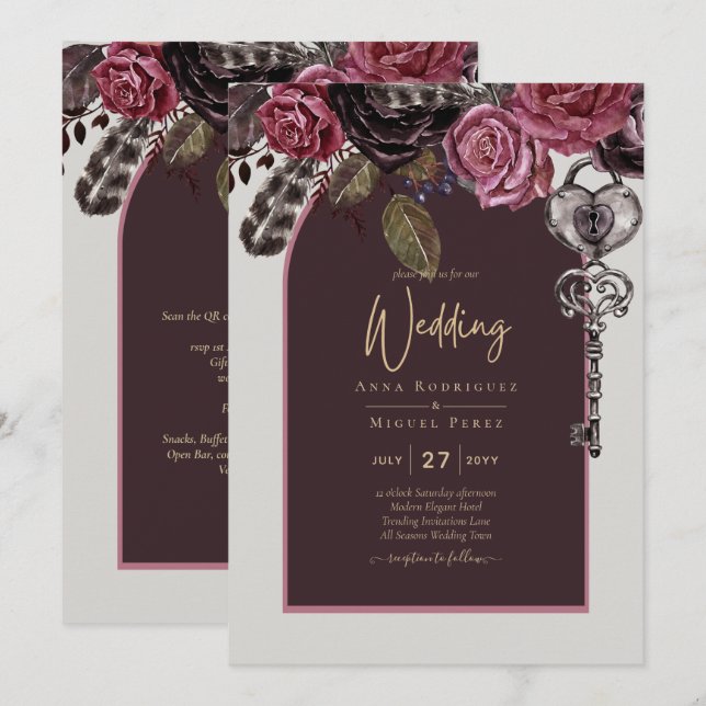 Invitación Boda de otoño BOTHIC ROSA Burgundy (Anverso / Reverso)