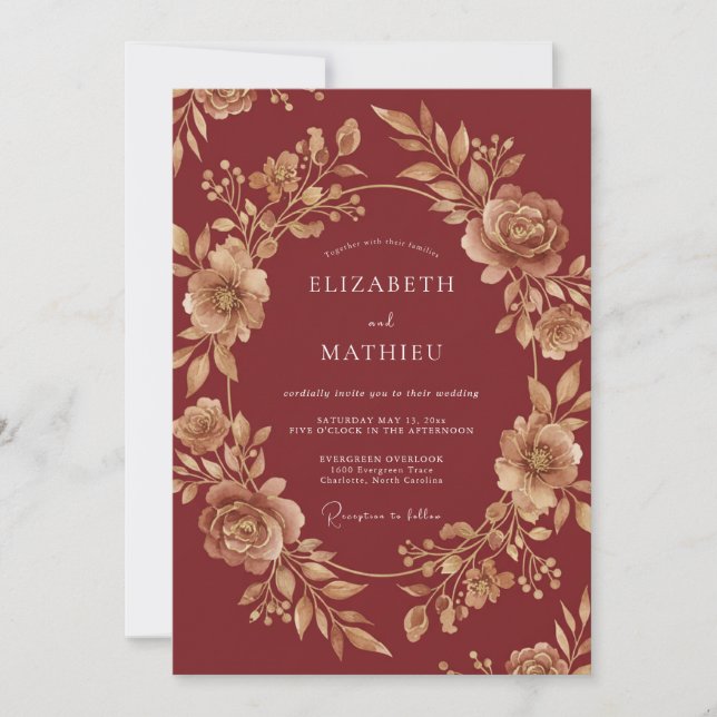 Invitación Boda de Otoño Burgundy Lustroso (Anverso)
