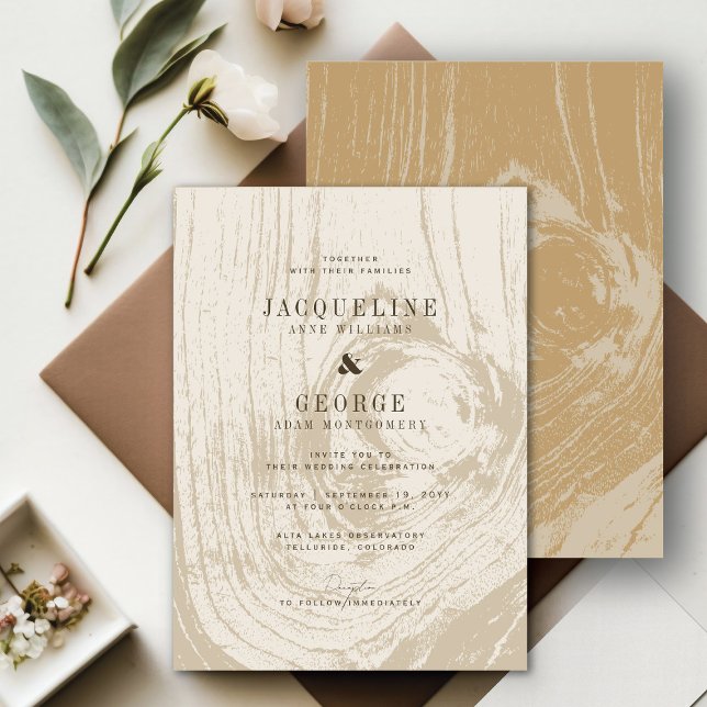 Invitación Boda de Otoño Clásica Moderna Rústica con Grano de (Classic Modern Rustic Yellow Ochre Woodgrain Chic Autumn Wedding Invitation @ fatfatin_blue_knot)