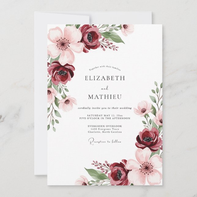 Invitación Boda de Otoño con Acuarela de Borgoña (Anverso)