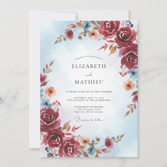Invitación Boda de otoño con acuarela de Borgoña (Anverso)