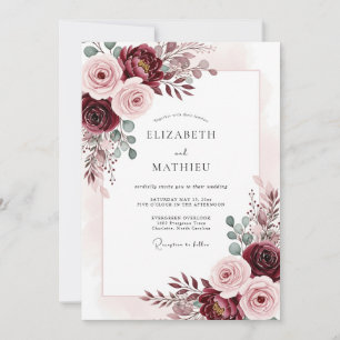 Invitación Boda de otoño con acuarela de tono burdeos rosado