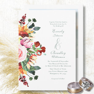 Invitación Boda de otoño con acuarela floral atardecer borgoñ