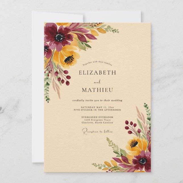 Invitación Boda de otoño con azafrán de Borgoña (Anverso)