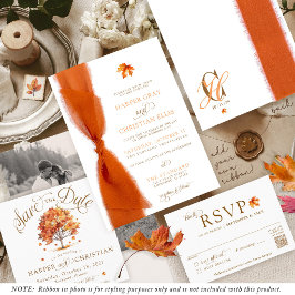 Invitación Boda de otoño con cinta moderna de hojas simples